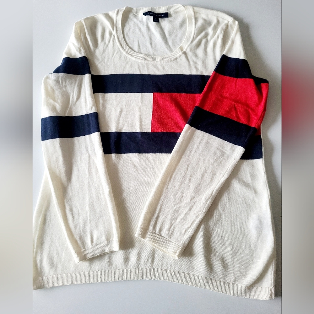 Tommy Hilfiger 100% Cotton Women's Colorblock Knit Sweater White/Red/Blue Medium - Picture 4 of 16